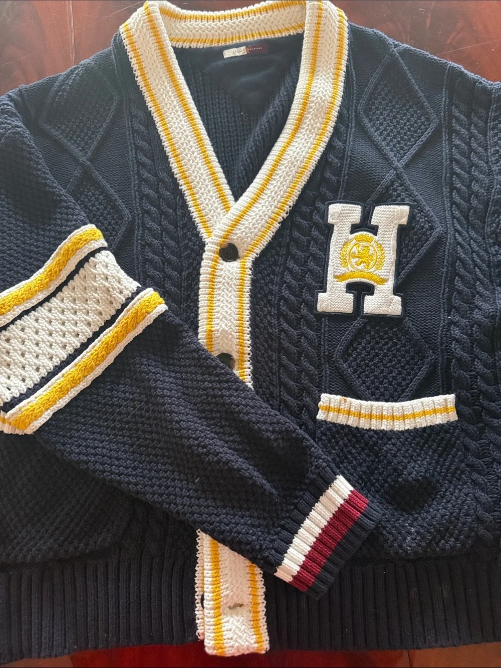 Tommy Hilfiger Letterman knitted navy Cardigan with Yellow and White Trim
